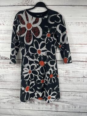 Desigual Dress Womens Small Black White Floral Daisy 3/4 Sleeve Fit Flare Skater